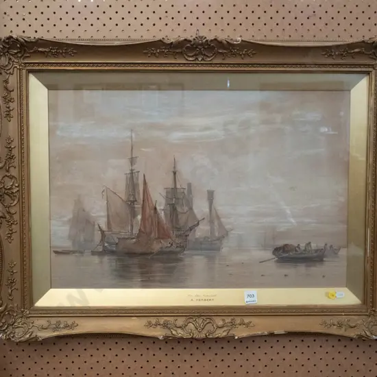 A Herbert - gilt framed mixed media - On The Scheldt - damage to frame