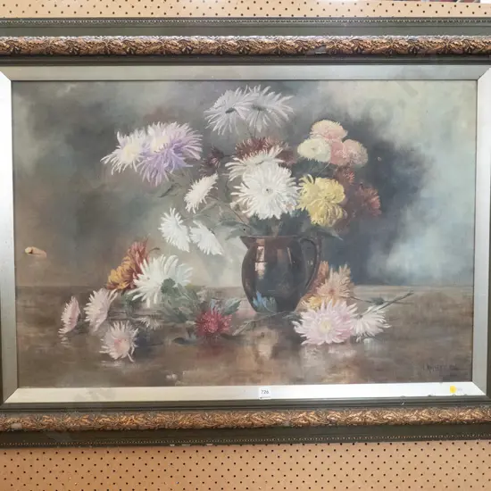 E Moffett 1906 - framed oil on canvas - dahlias - some damage to canvas