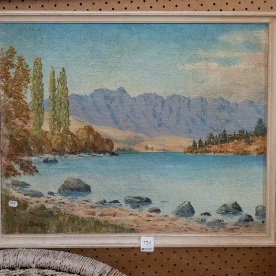 framed oil - lake and mountain scene