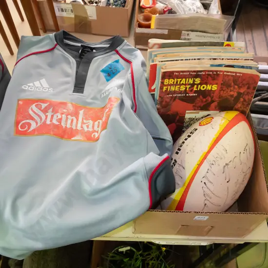 box; various 1960s rugby books, signed rugby ball, All Blacks rugby top