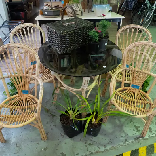 bamboo and smoked glass top circular conservatory table with 4 chairs