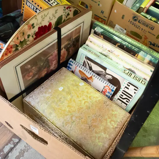 box; placemats, tray, jewellery box, books