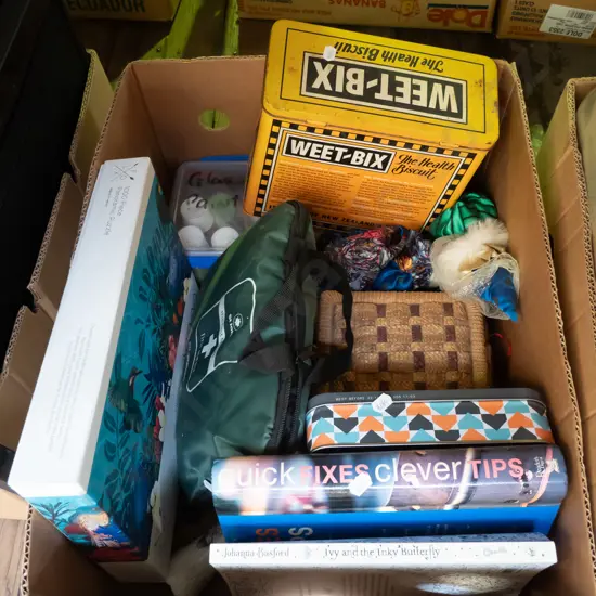 box; books, sewing box, first aid kit etc