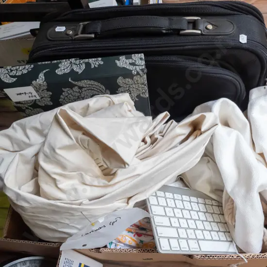 box; apple keyboard, computer case, curtains, duffel bag etc