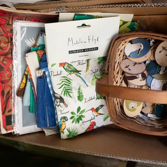 box; NZ bird key rings, prints, tea towels, books etc
