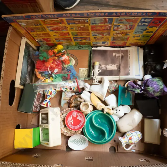 box; plastic toy animals, figurines, postcards, puzzle etc