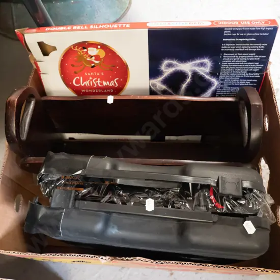 box; Xmas lights, wooden magazine rack, camping stove