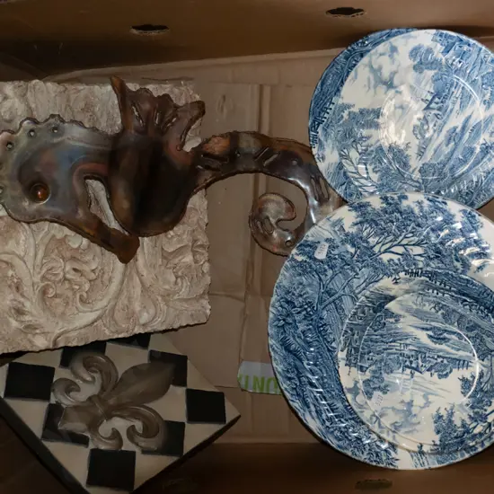 box; Ridgeway blue and white plates, bowls, copper seahorse