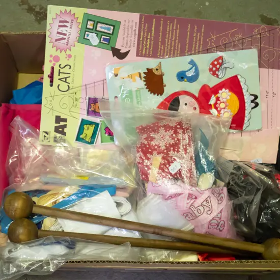 box; threads, braiding, clips, iron ons etc