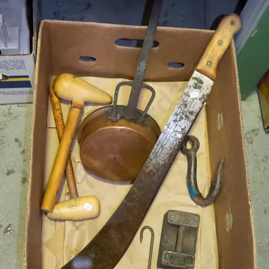 box; machete, wooden mallets, vintage copper frying pane etc