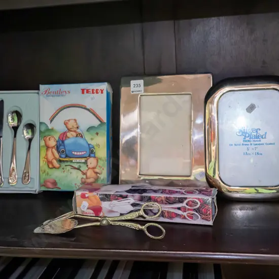 childs cutlery set, serving tongs, plated photo frames