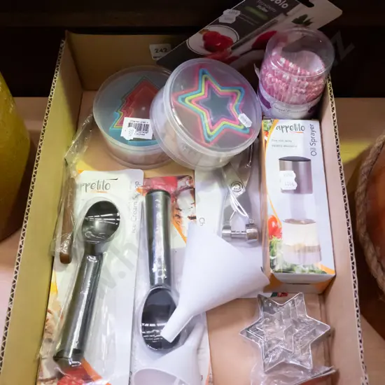 box; cookie cutters, oil sprayer, strawberry corer