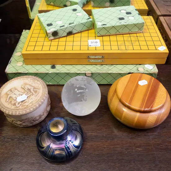 Chinese checkers, trinket boxes, glass globe, small glass lantern
