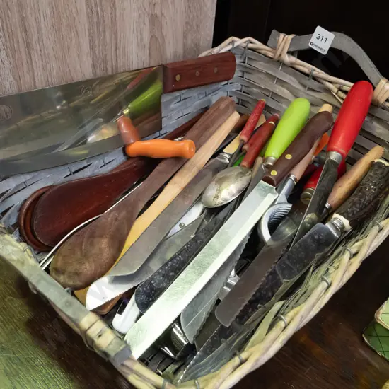 cane basket, kitchen knives etc
