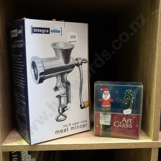 as-new boxed bench top mincer, art glass Xmas wine bottle stoppers