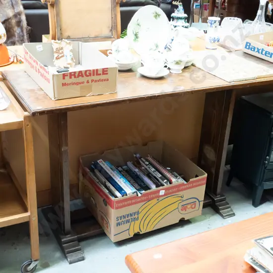 solid oak refectory based table - varnish needs attention H-765 W-1170 D-500
