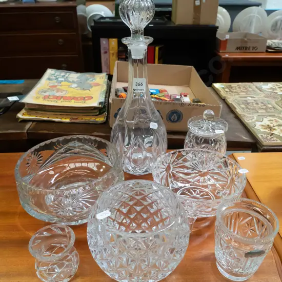 decanter, footed bowl, glass bowl, crystal honey pot etc