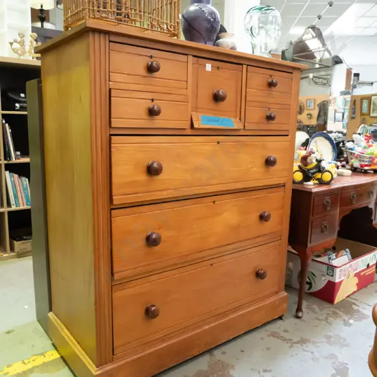 colonial solid rimu 6 drawer scotch chest - has damage to hat drawer, crack to top and side