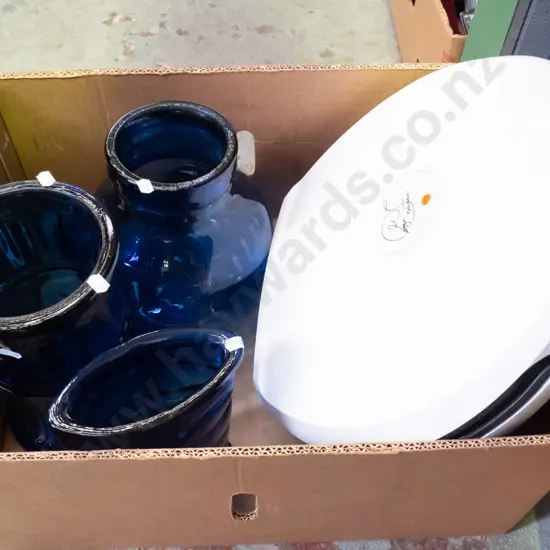 box; sandwich press, 4x blue glass vases