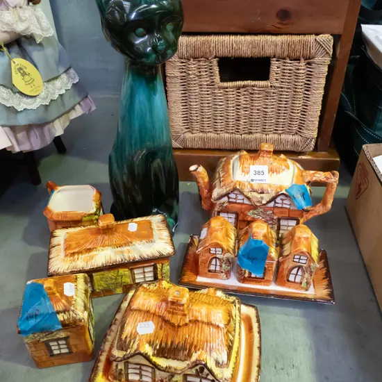 English cottage teapot, cover dishes - many faults, Blue Mountain cat - chip to ear