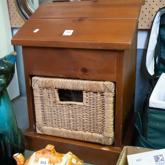 solid pine lift up storage unit with seagrass basket drawer H-485 W-350 D-290