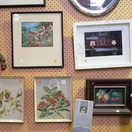 framed needlework, Dick Frizzel print, oil on board, 2x botanical prints - orange dots