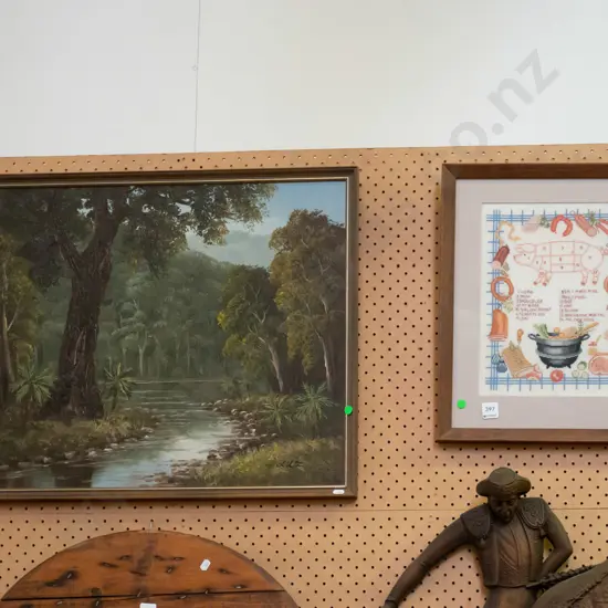 framed oil - stream and forest, framed needlwork -green dots