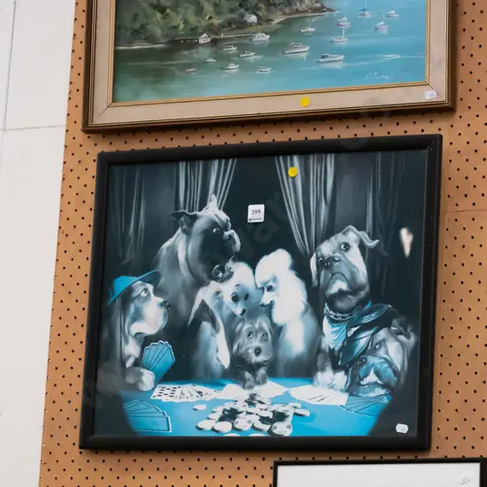 framed oil - yachts, framed print - dog playing cards, small landscape watercolour - yellow dots