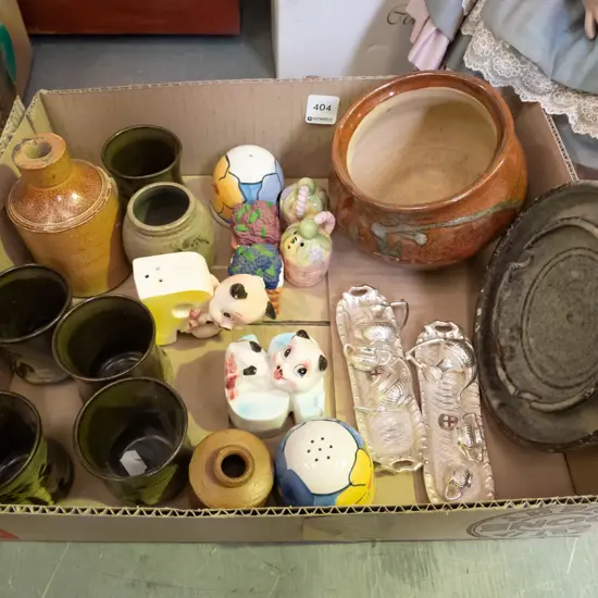 box; ink bottle, Japanese sake cups, bowl, salt and peppers etc