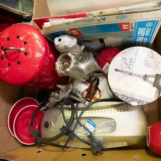 box; bench top mincer, compost bin, coloured cards etc