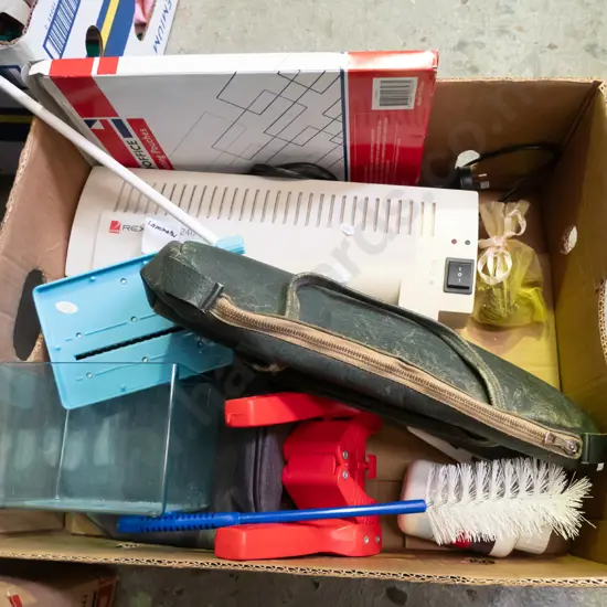 box; knitting needles, laminator, bottle capper etc