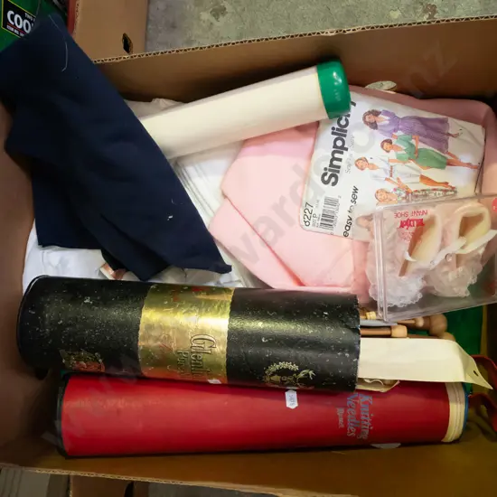 box; knitting needles, fabric, babies shoes etc