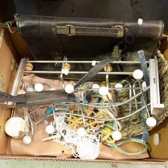 box; leather satchel, coat hooks, seagrass bowl etc