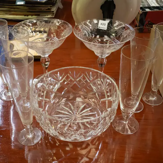 etched comports, crystal bowl, 6x parfait glasses