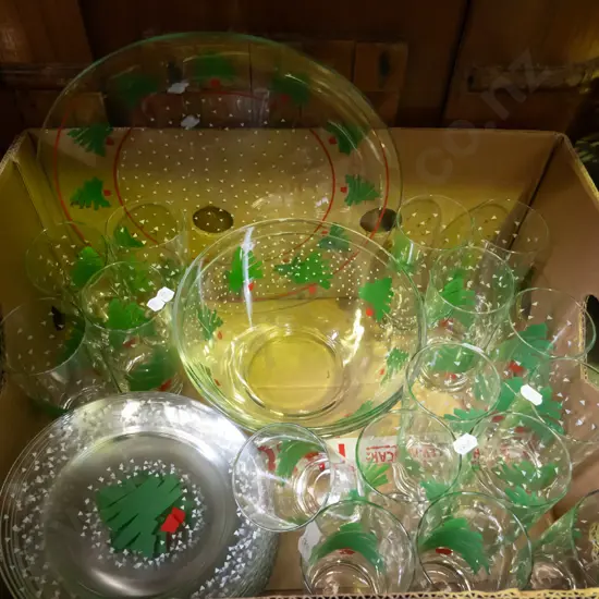 box; glass Xmas themed glasses, bowls, plates