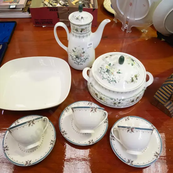 Royal Doulton provincial coffee dish, dish, lidded vege, 3x Old Colony cups and sacuers