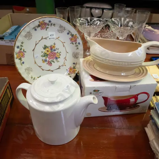 Le Creuset stoneware coffee pot, sauce boat, Woods & Sons Avon cabinet plate