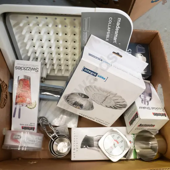box; dish rack, measuring spoons, cookie cutters etc
