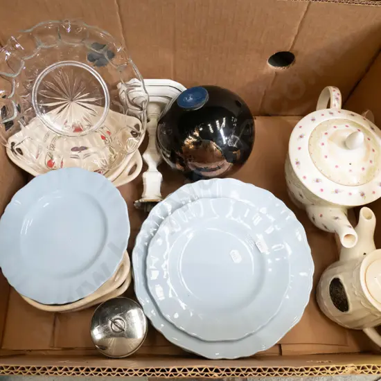 box; ornamental ball, egg coddler, glass bowl etc