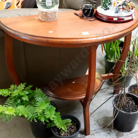 rimu 2 tier half round table - varnish needs attention H-600 W-730