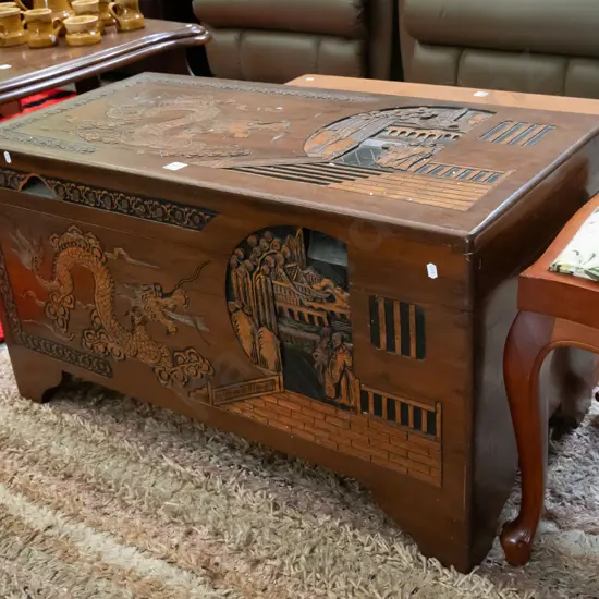 carved camphorwood chest - crack to top H-480 W-910 D-445