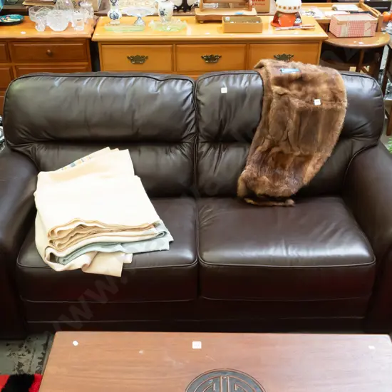 quality  Nood brown leather rolled arm 2 seater settee