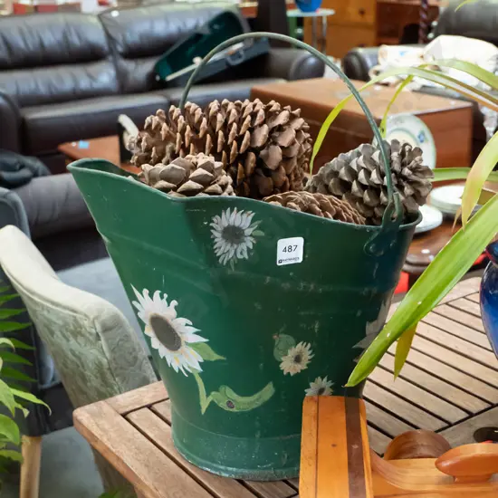 hand painted coal scuttle and pine cones