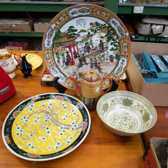 2x Asian chargers, bowl, tea pot