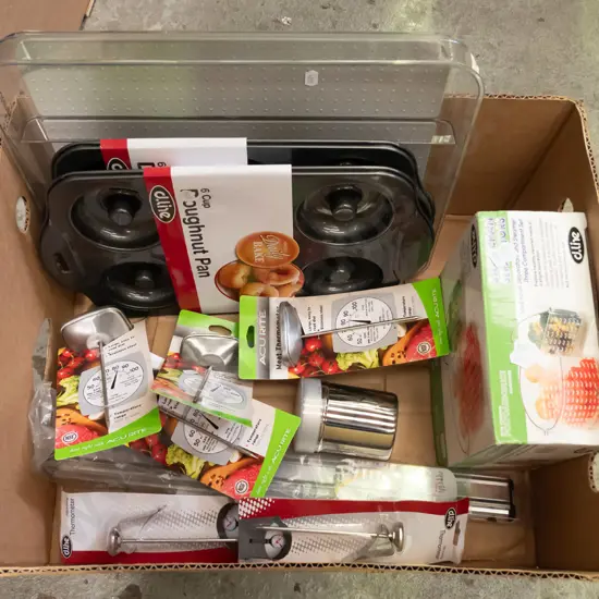 box; donut pans, meat thermometers, knife rack