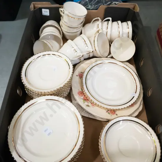box; Johnson Bros gold rimmed cups,saucers etc