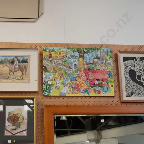 framed watercolour, puzzle, framed wood cut - orange dots