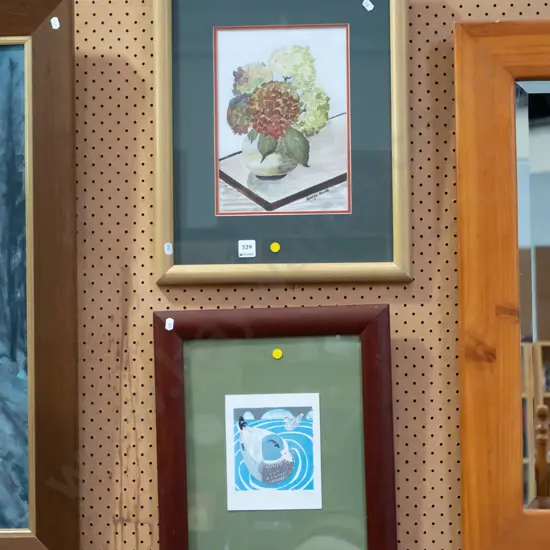 framed duck print, frameed watercolour - hydrangeas - yellow dots