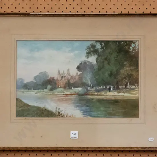 framed watercolour - river, people, buildings - foxing