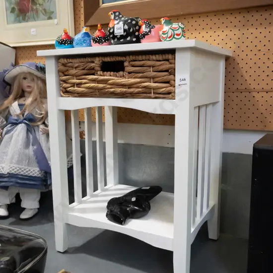 white painted bedside table with seagrass drawer
